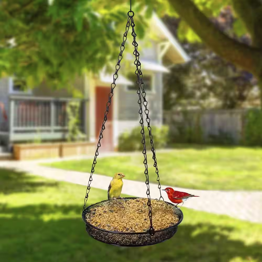 Sorbus Black Metal Bird Feeding and Bath Station with 4 Hooks and Prongs