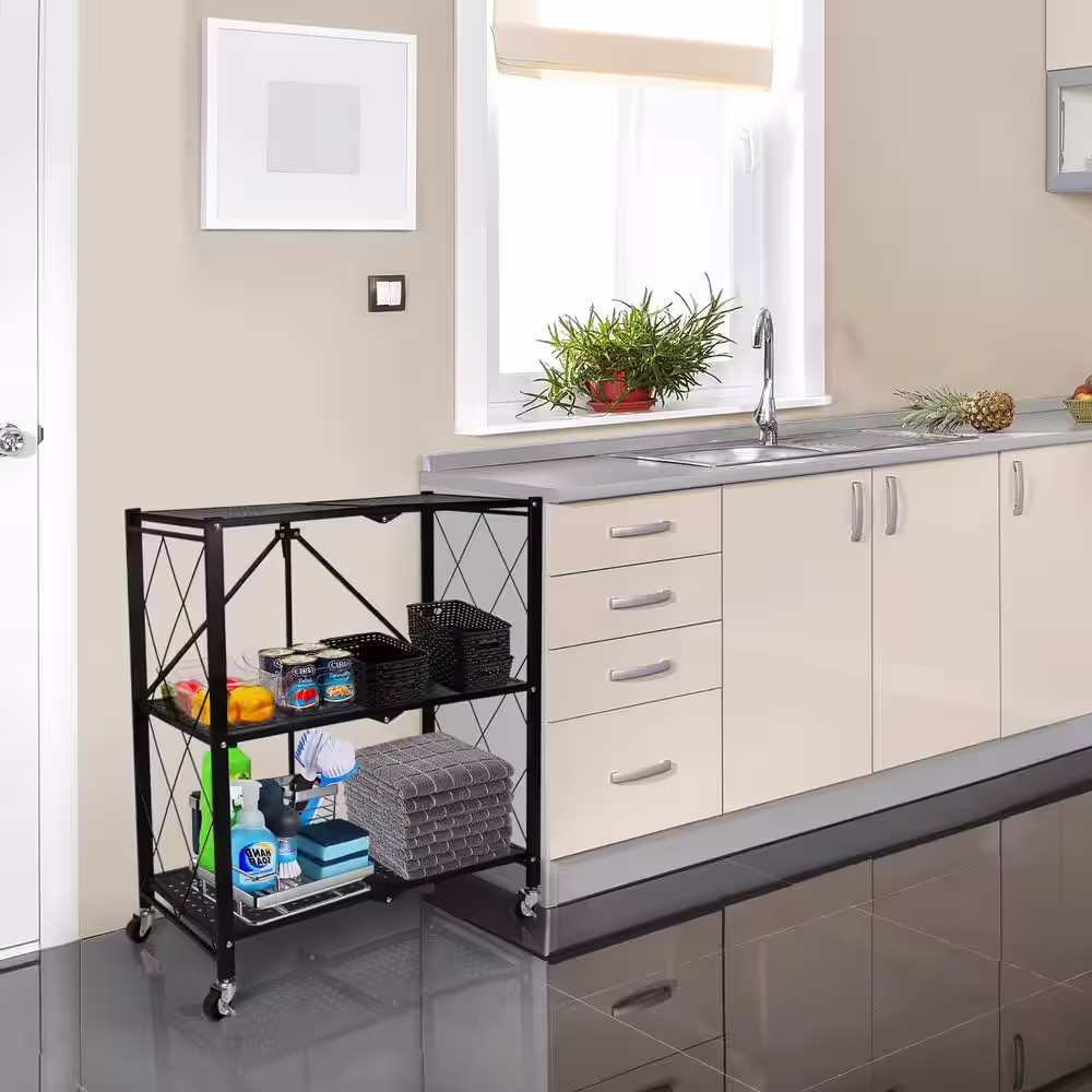 Amucolo Black Heavy Duty 3-Tier Foldable Metal Rack Storage Shelving Unit with Wheels(27.5 in. W x 31 in. H x 13.5 in. D)