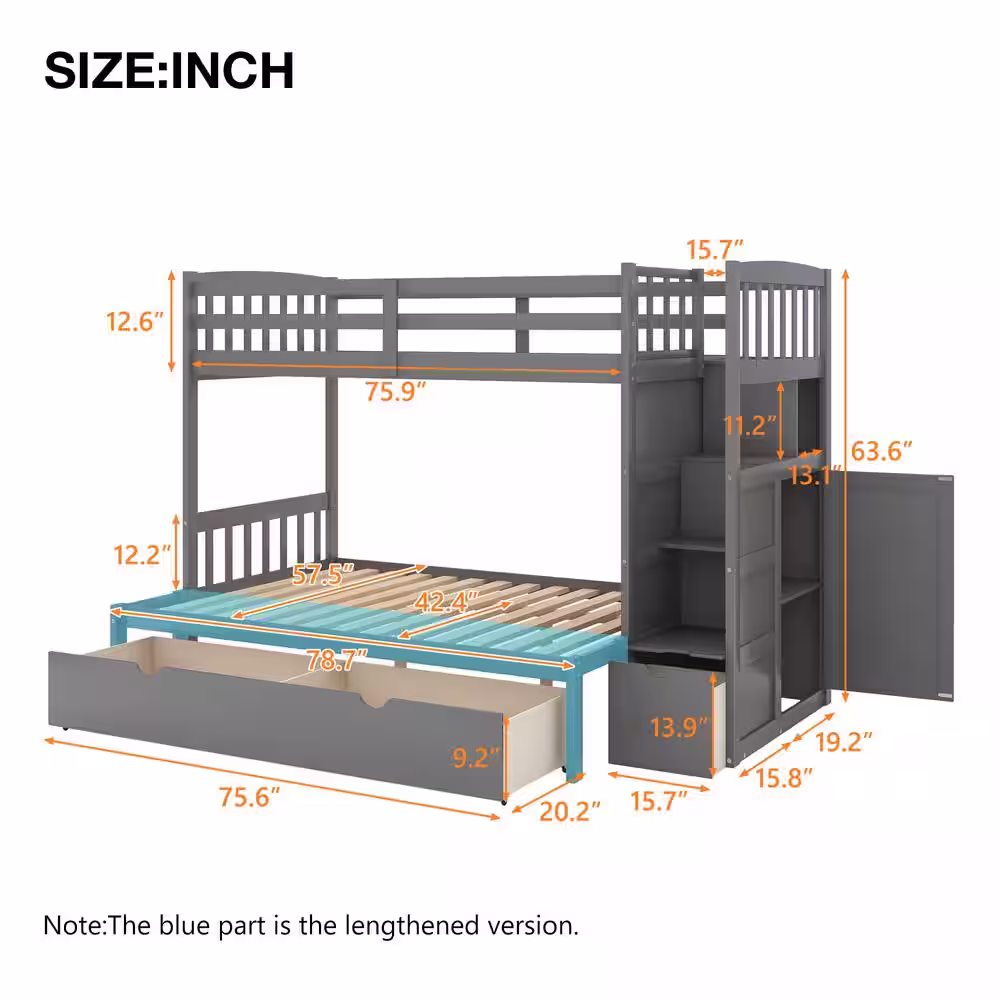 Harper & Bright Designs Gray Twin Over Full/Twin Convertible Bunk Bed with Storage Shelves and Drawers