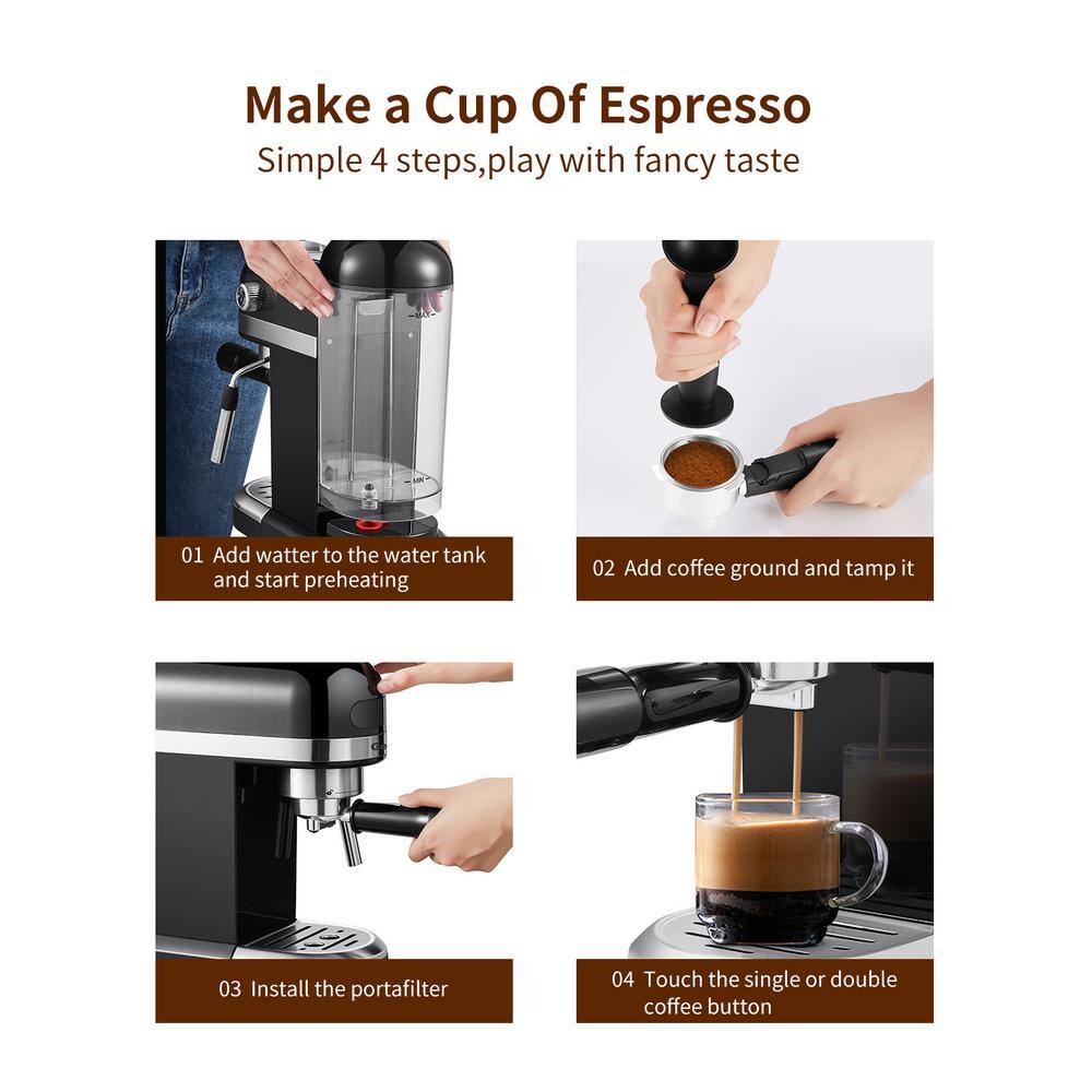 None 2- Cup Silver 20 Bar Espresso Machine with Milk Frother, 1.4L Water Tank, Thermo block beating system in Stainless Steel