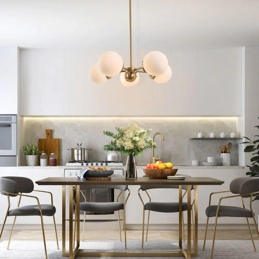 Uolfin Modern Globe Dining Room Chandelier 5-Light Gold Sputnik Chandelier with Frosted Glass Shades