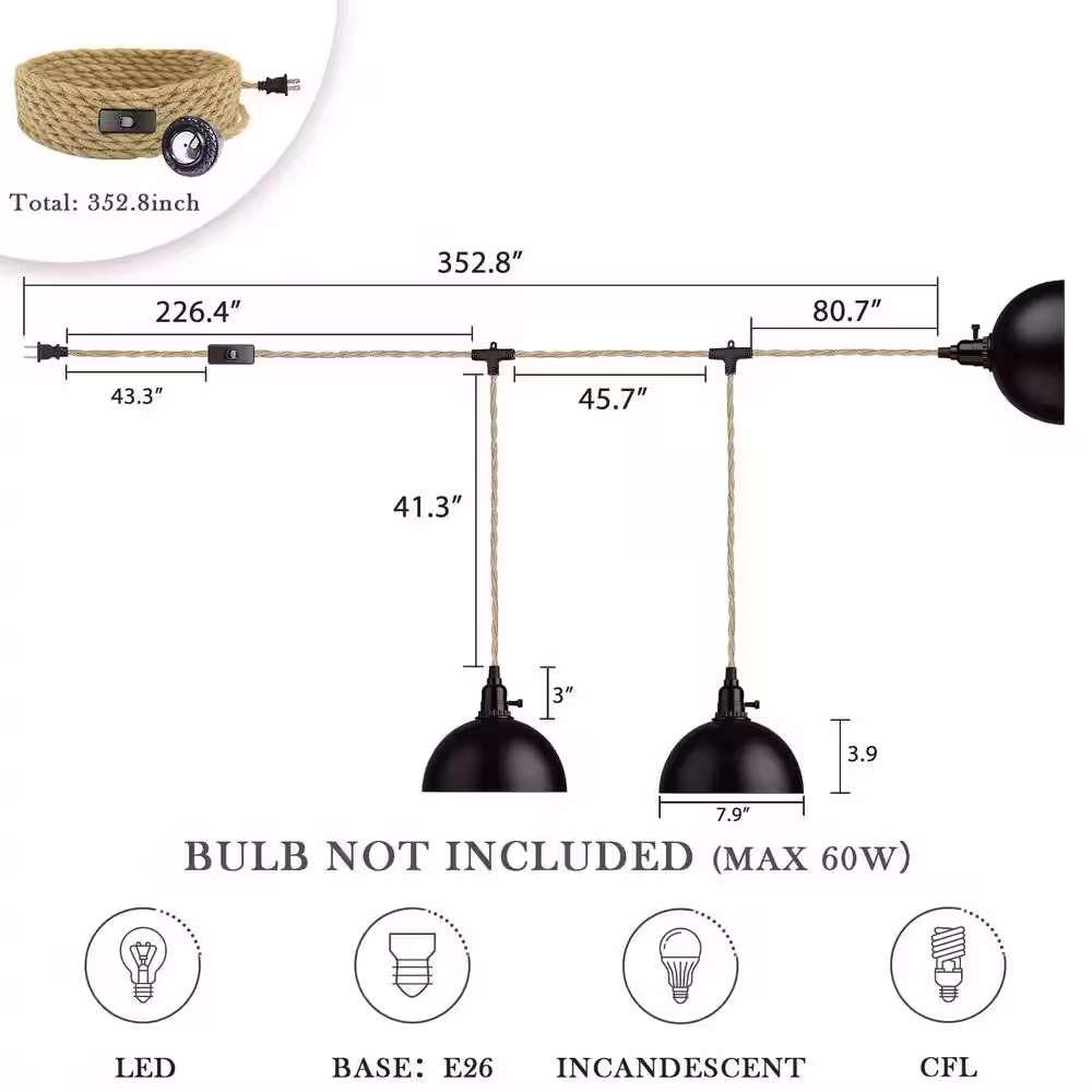 JAZAVA 3-Light Black Standard Shaded Hanging Lamps Pendant Light with Plug in Cord 29 ft. Twisted Hemp Rope Switch