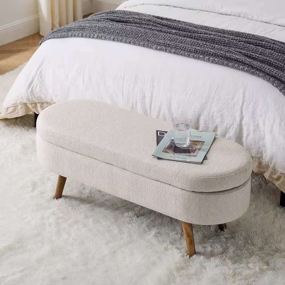 None Beige 43.5 in. Bedroom Bench Oval Storage Bench Ottoman with Wood Legs for Entryway Living Room