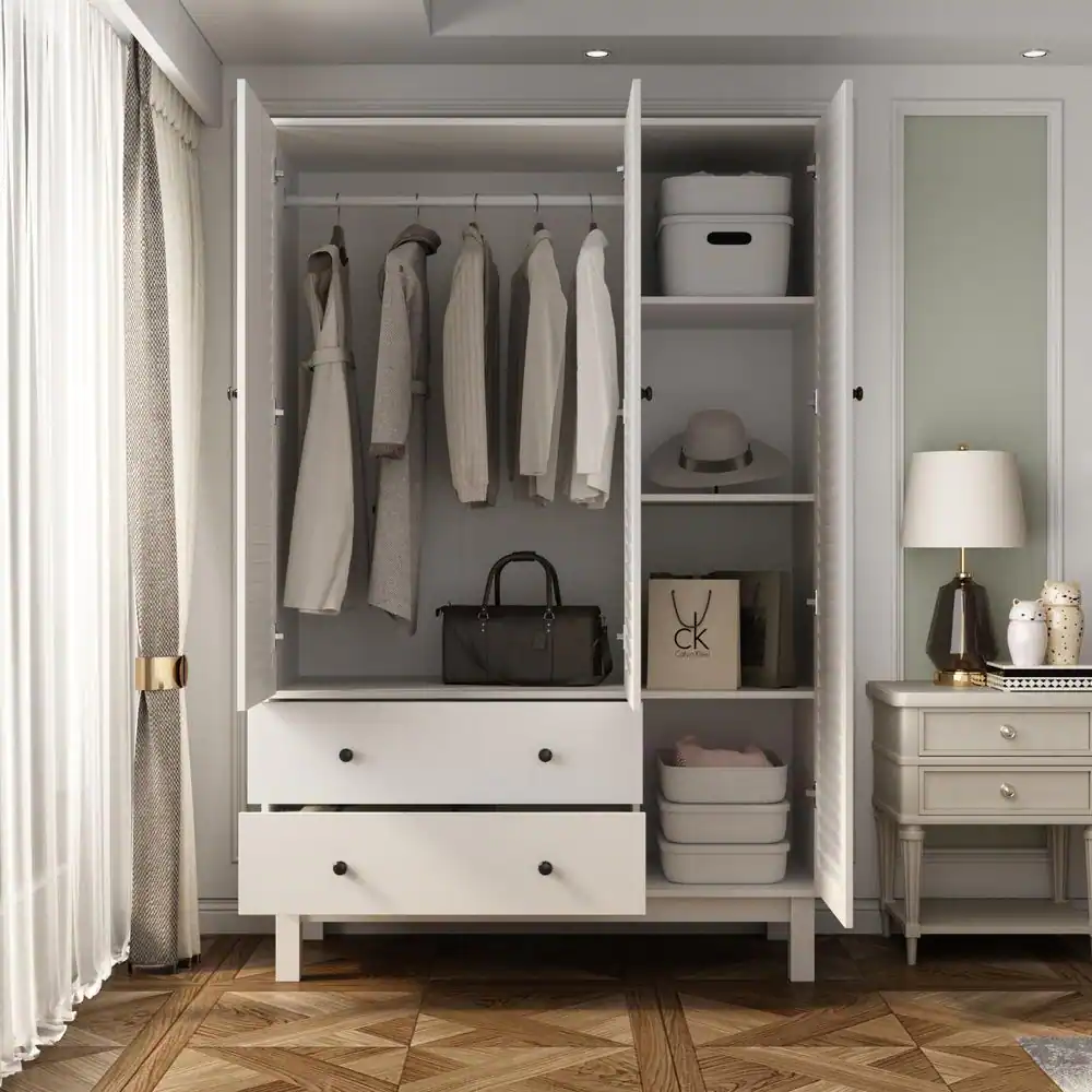 None White 3 louvered Doors Armoires with Hanging Rod, 2-Drawers and Storage Shelves( 20.2 in. D x 48 in. W x 71 in. H)