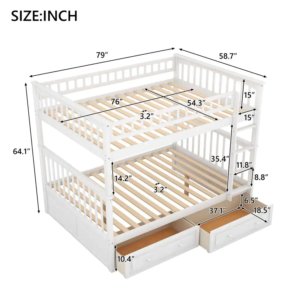 Harper & Bright Designs White Full Over Full Wood Bunk Bed with 2-Drawers