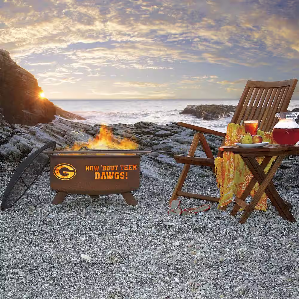 None Georgia 29 in. x 18 in. Round Steel Wood Burning Rust Fire Pit with Grill Poker Spark Screen and Cover