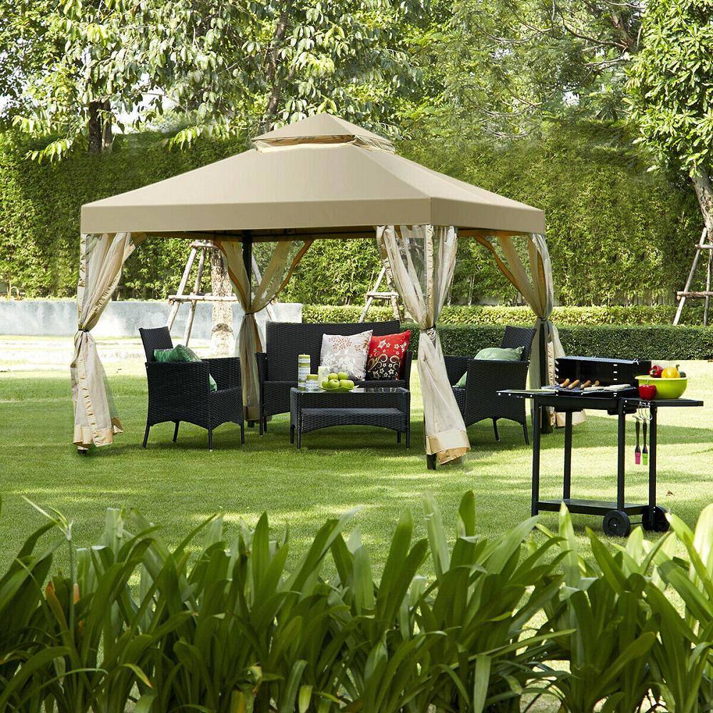 Costway Outdoor 2-Tier 10 ft. x 10 ft. Brown Gazebo Canopy Shelter Awning Tent Patio Garden Screw-free structure
