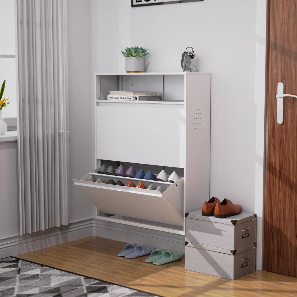 None Morden 39.93 in. H x 9.45 in. W White Wood Shoe Cabinet with 2 Flip Drawers