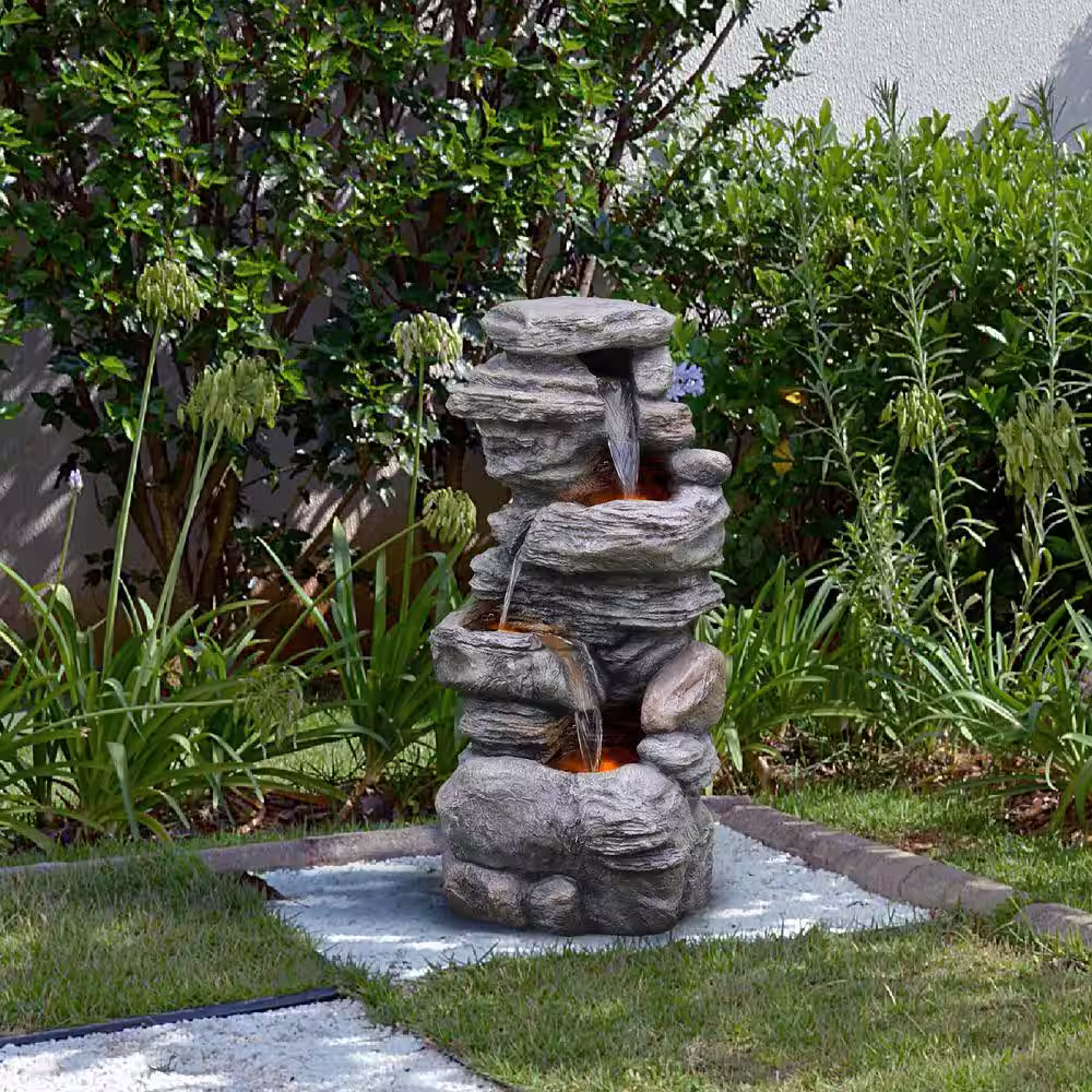 Teamson Home 40 in. Schist Rock 3-Tier Rock Water Fountain with LED Light