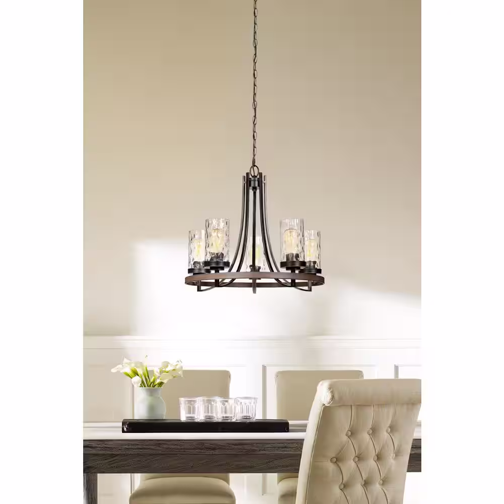 Generation Lighting Gaston 5-Light Weathered Gray Rustic Farmhouse Wagon Wheel Chandelier with Distressed Oak Accents and Water Glass Shades