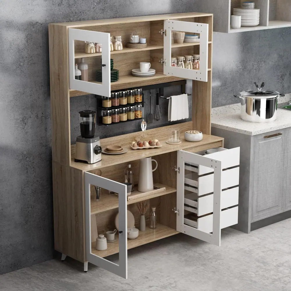 None 63 in. W Kitchen Light Brown Wood Buffet Sideboard Pantry Cabinet with Glass Doors, 4-Drawers, Hooks, Open Shelves