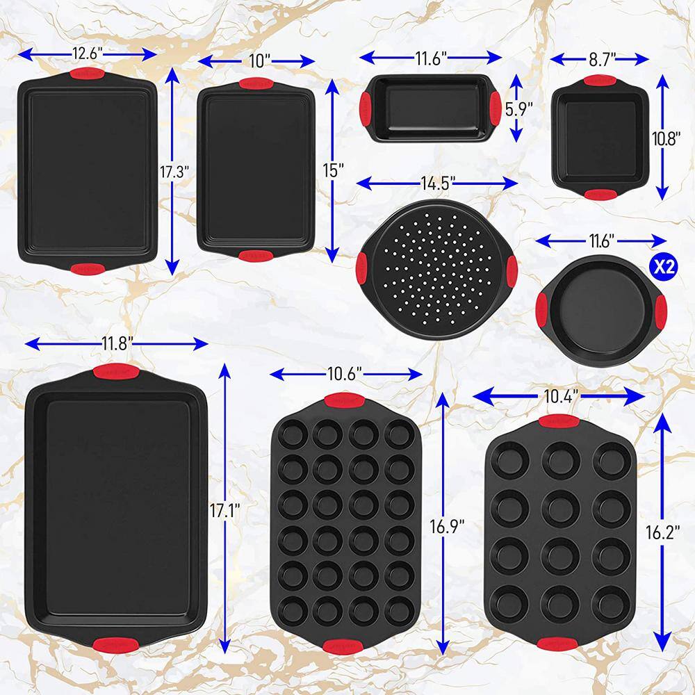 NutriChef Deluxe Non-Stick 10-Piece Carbon Steel Design with Red Silicone Handles Oven Bakeware Set