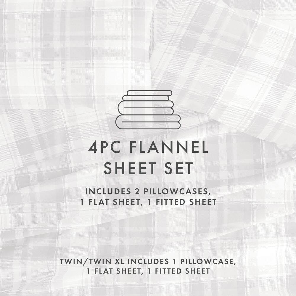 Becky Cameron Premium 4 Piece Light Gray Plaid Flannel Queen Sheet Set