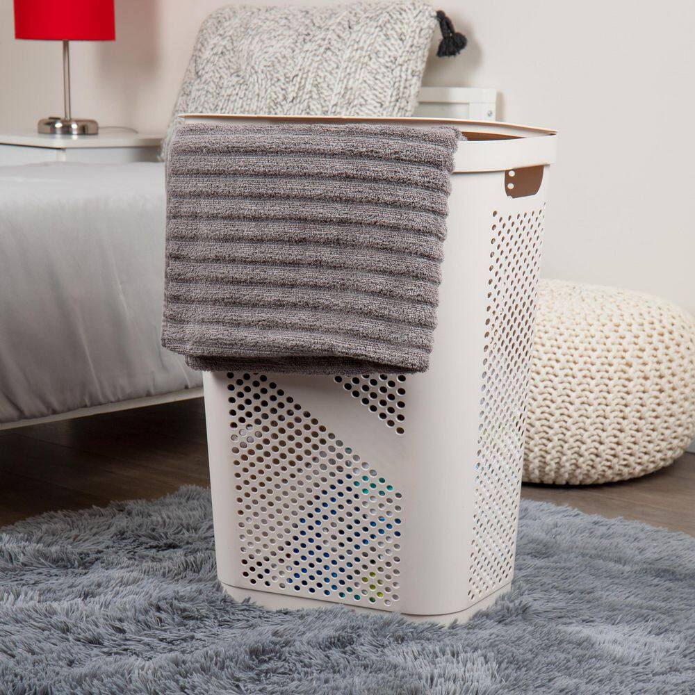 Mind Reader Basket Collection Laundry Hamper, 60 Liter (15kg/33lbs) Capacity, Cut Out Handles, Attached Hinged Lid, Set of 2, Ivory