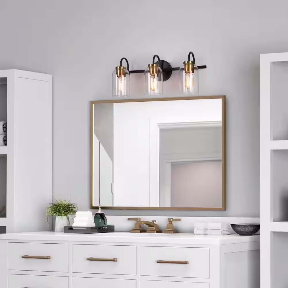 Zevni 21 in. 3-Light Black Bathroom Vanity Light Modern Vintage DIY Brass Bath Light Clear Glass Farmhouse/Rustic Wall Sconce