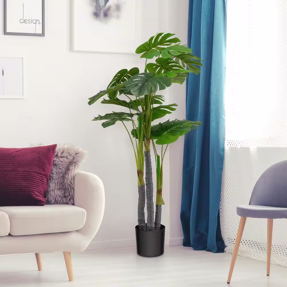 ANGELES HOME 47.5 in. Green Indoor Outdoor Decorative Artificial Monstera Palm Tree in Pot, Faux Fake Tree Plant