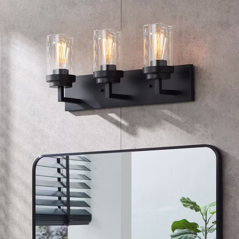 KAWOTI 21.5 in. 3-Light Black Vanity Light with Clear Glass Shade