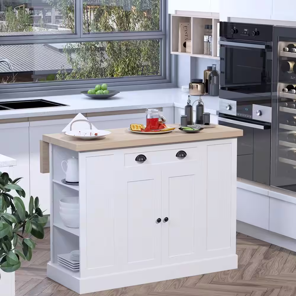 HOMCOM Fluted-Style White Wooden Kitchen Island , Countertop with Drop Leaf, Drawer, Open Shelves, Storage