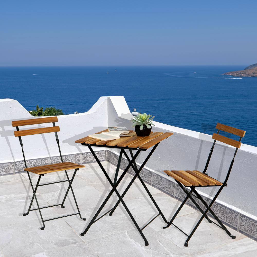 None 3-Piece Solid Teak Wood Coating Frame Outdoor Bistro of Folding Table and Chair Set with Blue Cushions