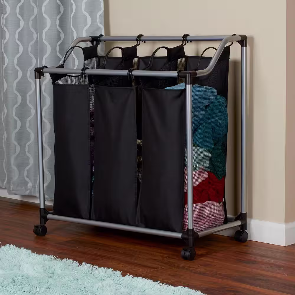 HOUSEHOLD ESSENTIALS Silver Black Metal and Polyester Laundry Hamper Sorter with 3 Vented Bags