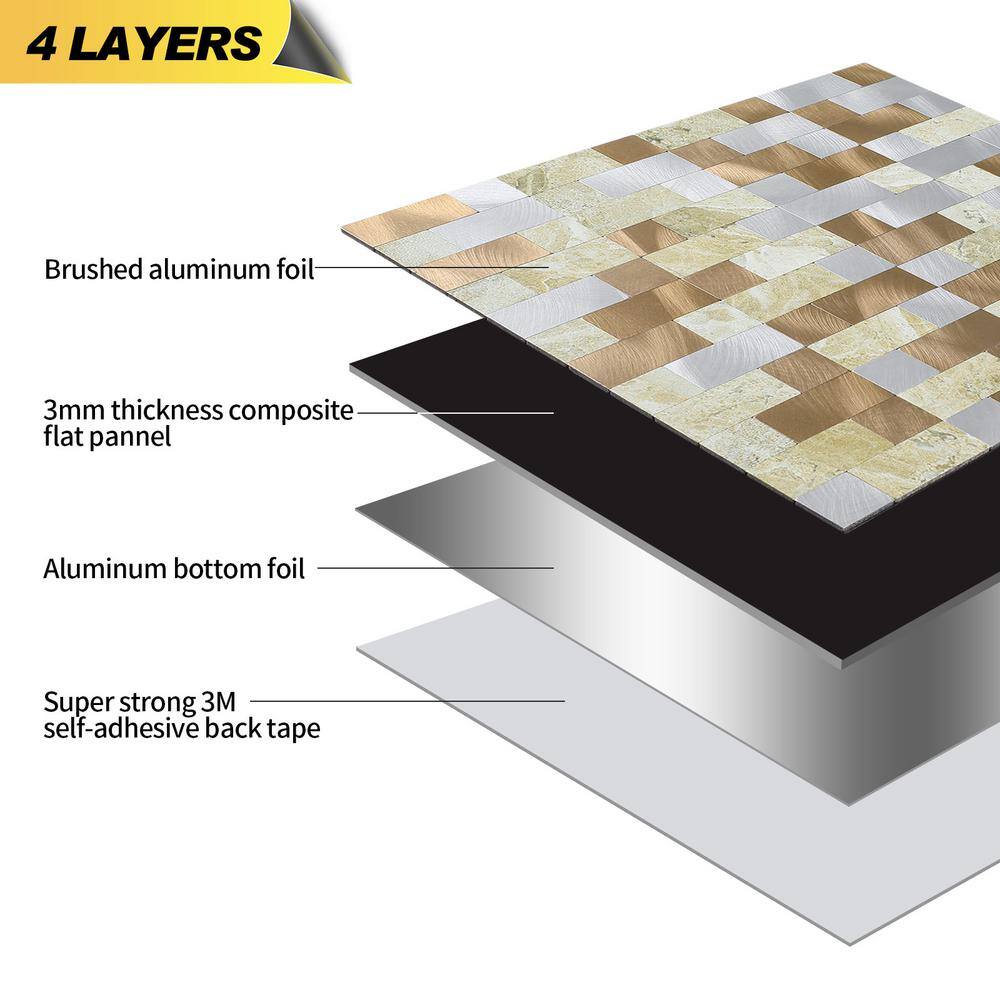 Yipscazo Mosaic Silver and Beige 12 in. x 12 in. Metal Peel and Stick Tile (5 sq. ft./5-Sheets)