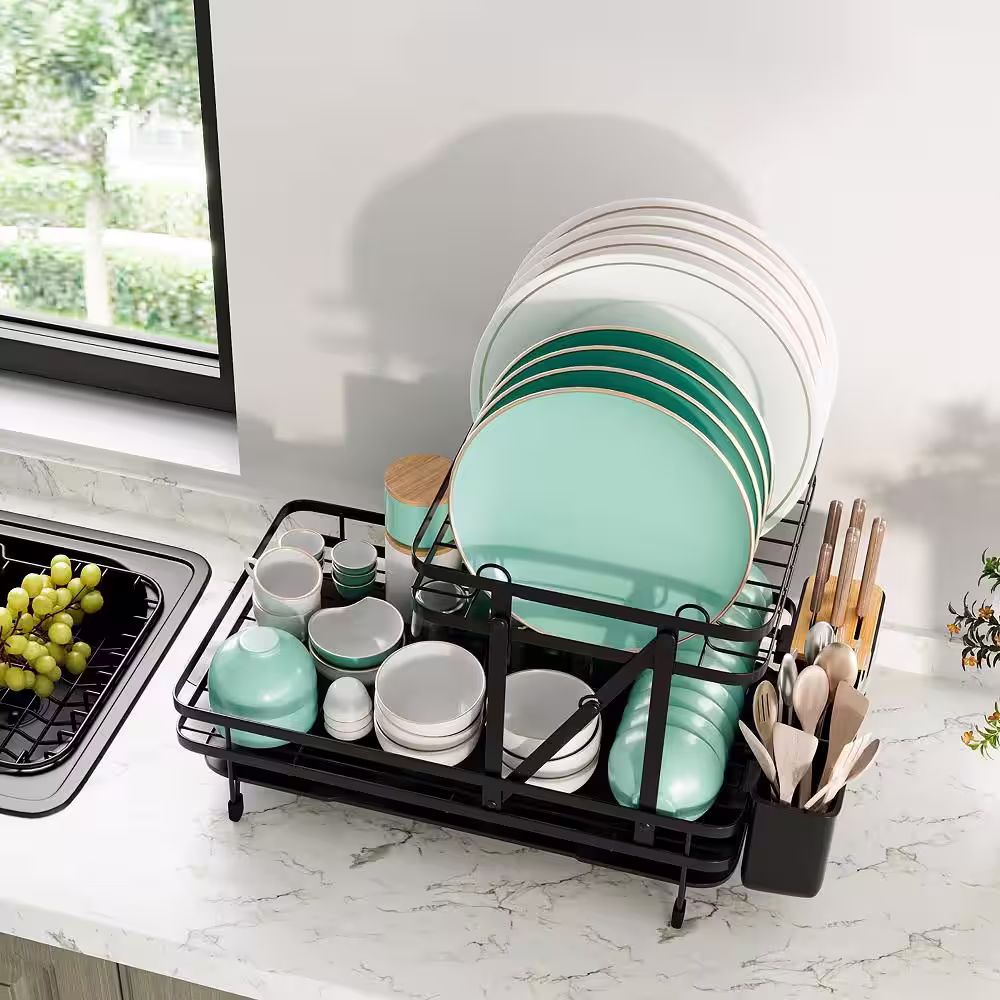 Costway Black Drying Dish Rack Collapsible 2 Tier Dish Rack and Drainboard Set Kitchen Counter