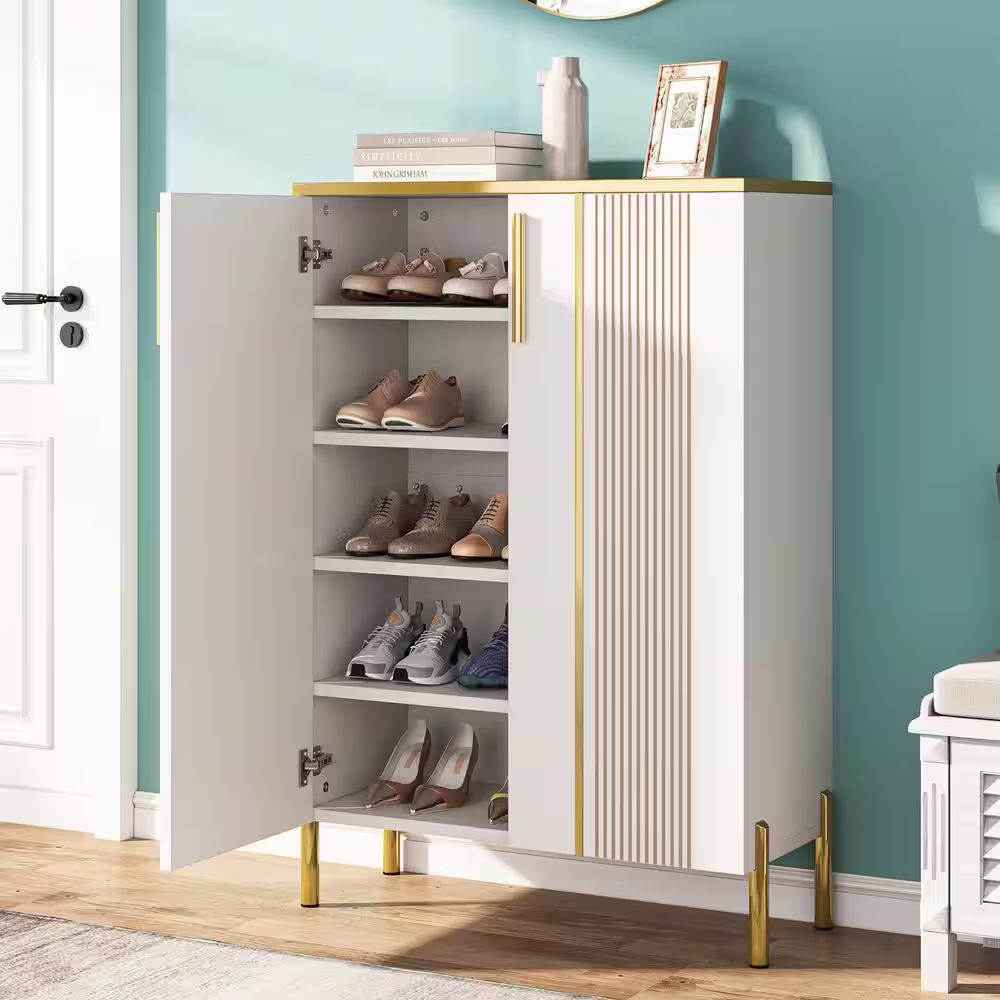 TRIBESIGNS WAY TO ORIGIN Cezalinda 39.37 in. H White Gold 22 Shoes Wooden Organizer w/Doors 6-Tier Rack Adjustable Shelves Shoe Storage Cabinet