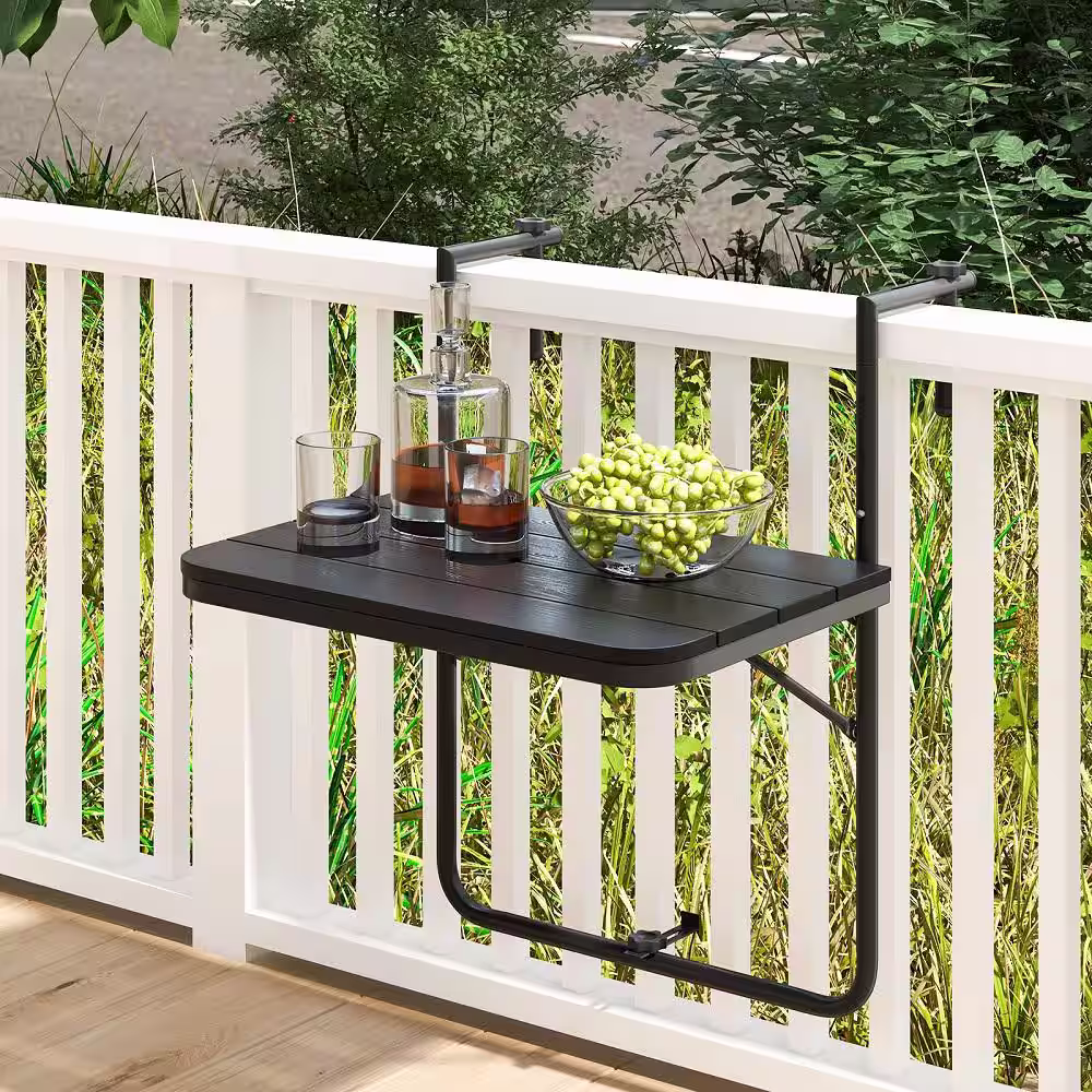 HONEY JOY Metal Patio Hanging Table Folding Balcony Railing Table with 3-Level Height Outdoor Accent Table Suits
