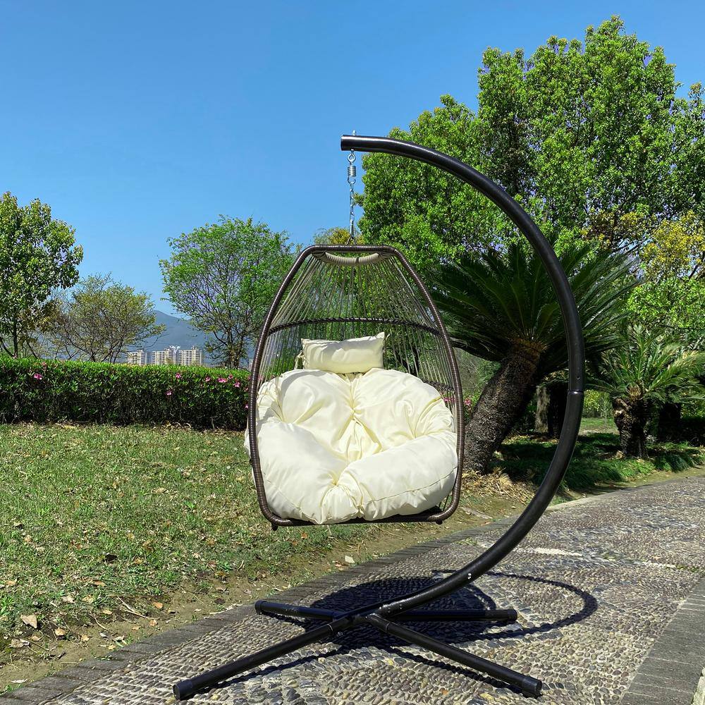 Miscool 3.6 ft. Outdoor Patio Wicker Folding Hanging Chair, Rattan Swing Hammock Egg Chair with Cushion and Pillow in Beige