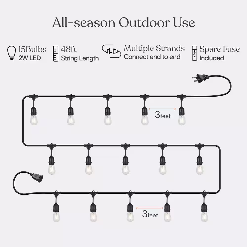 Brightech Ambience Pro 15-Light 48 ft. Outdoor Plug-in 2W 3000k LED S14 Hanging Edison Bulb String-Light