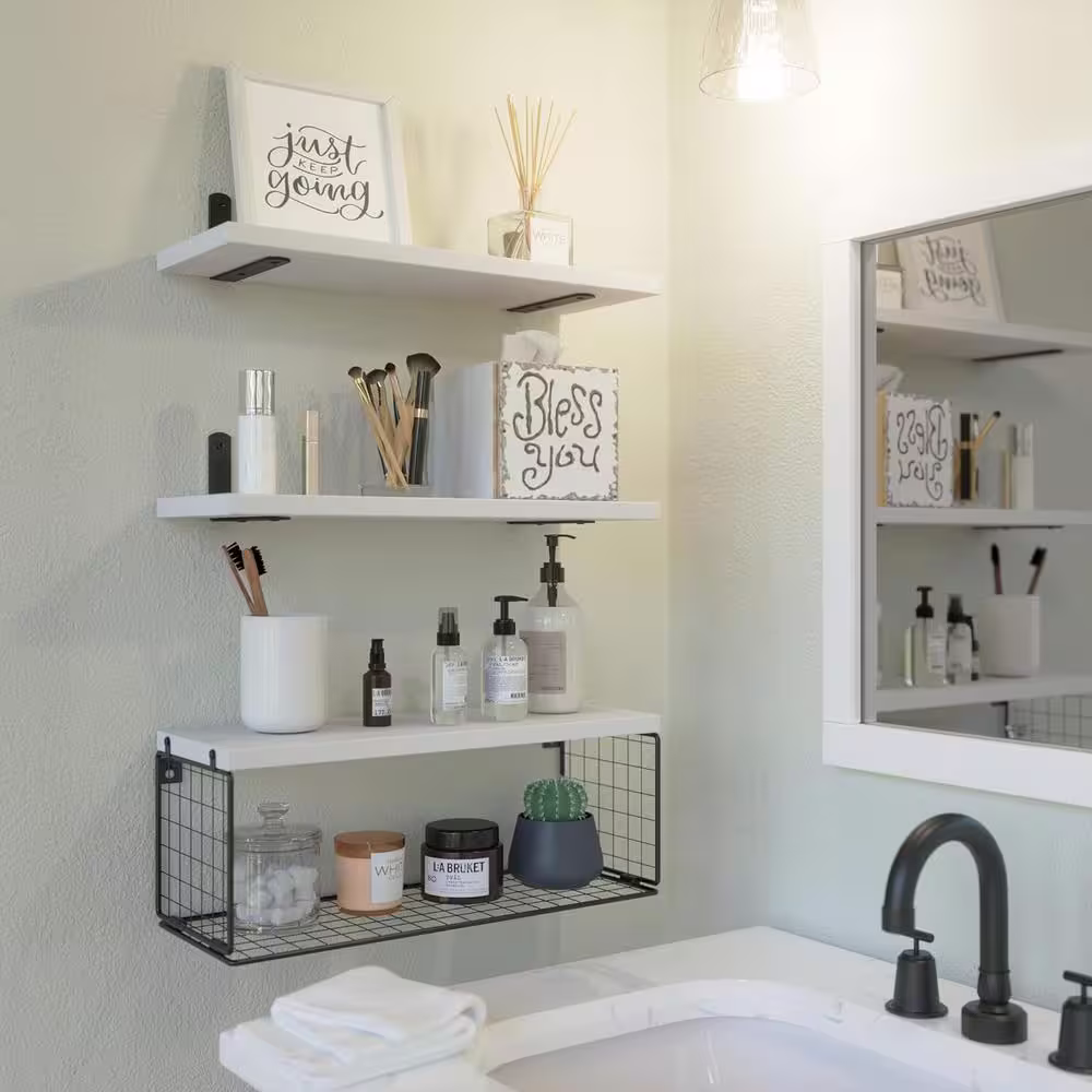None 16.5 in. W x 15 in. D x 5.5 in. H White Wood Decorative Wall Shelf, Floating Bathroom Shelves
