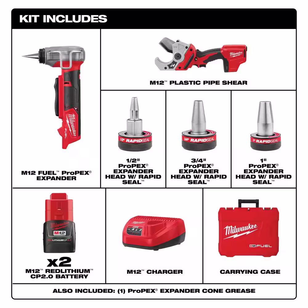 Milwaukee M12 FUEL RAPID SEAL ProPEX Expander Heads With 1/2 in. - 1 in. ProPEX Expansion Tool With M12 PVC Pipe Shear