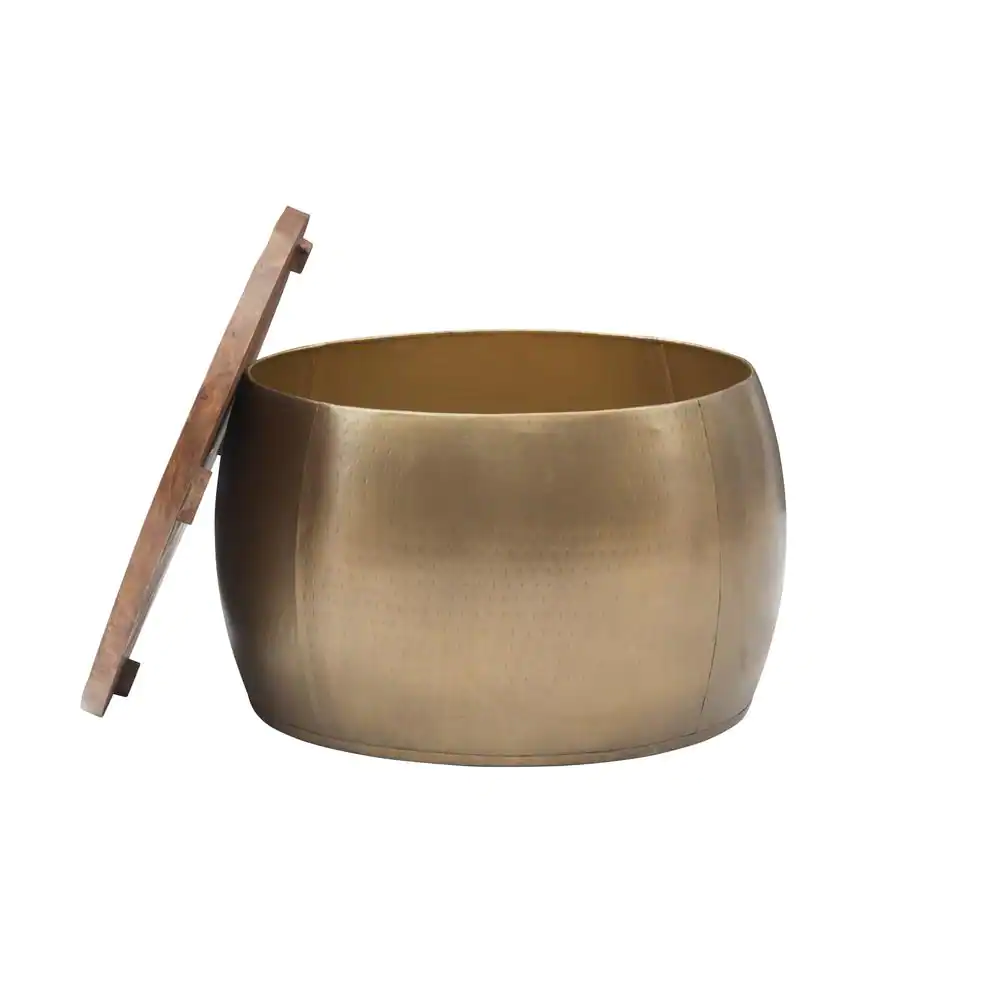 Powell Company Wagner 27.5 in. Gold 18.5 in. Metal Hammered Drum Coffee Table with Storage and Wooden Lid