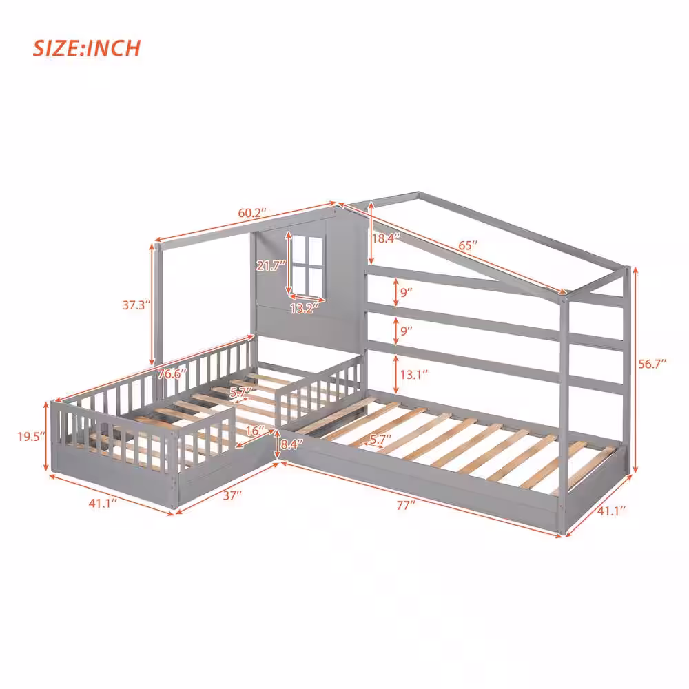 Harper & Bright Designs L-shaped Gray Twin Size Wood House Bed with Fence