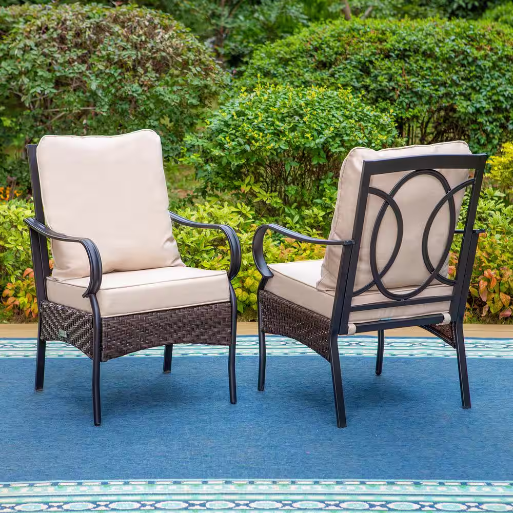 None 7-Piece Metal Patio Outdoor Dining Set with Black Rectangle Dining Table with Extension and Chairs with Beige Cushions