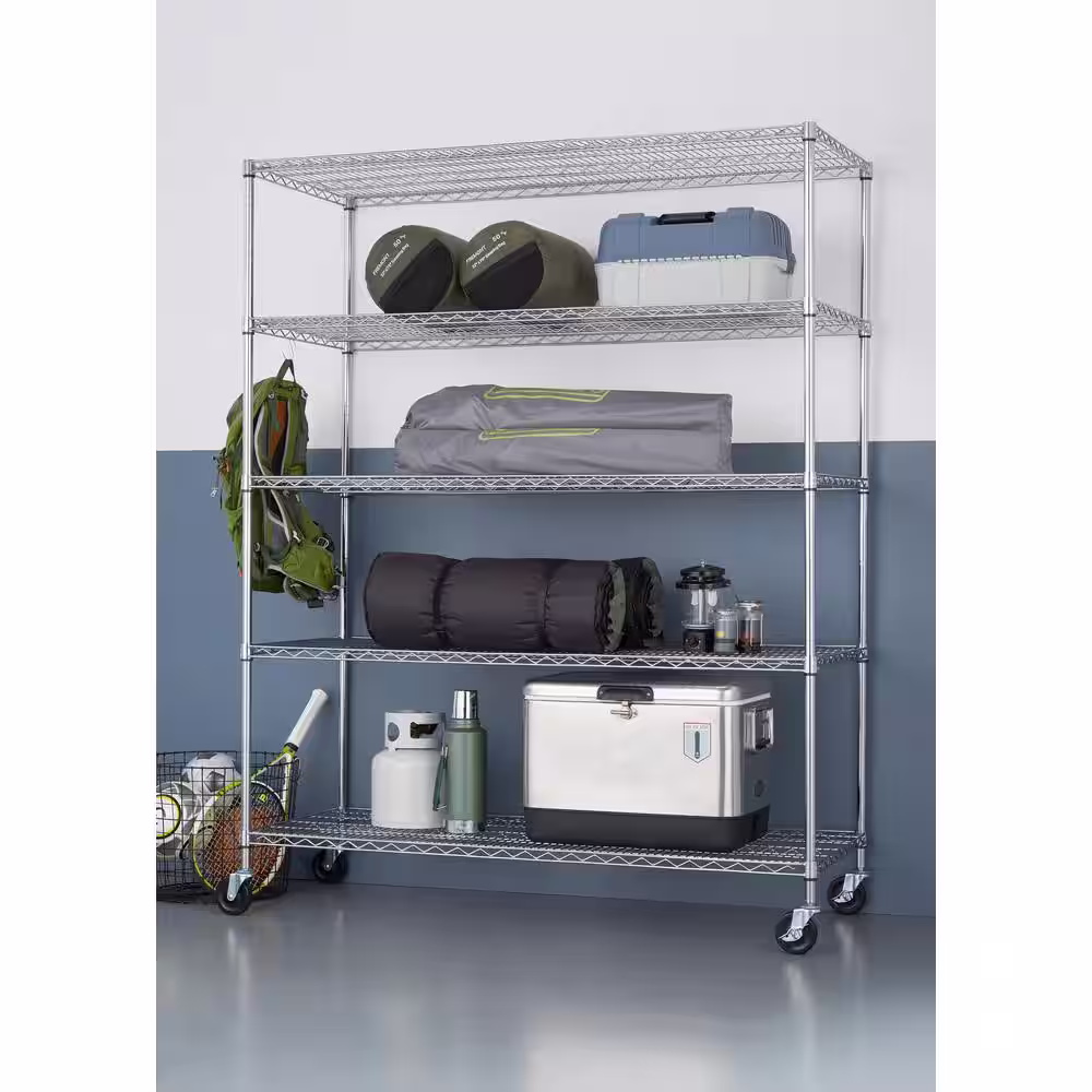 TRINITY 10-Pack Chrome 5-Tier Rolling Heavy Duty Steel Wire Shelving Unit (60 in. W x 77 in. H x 24 in. D)