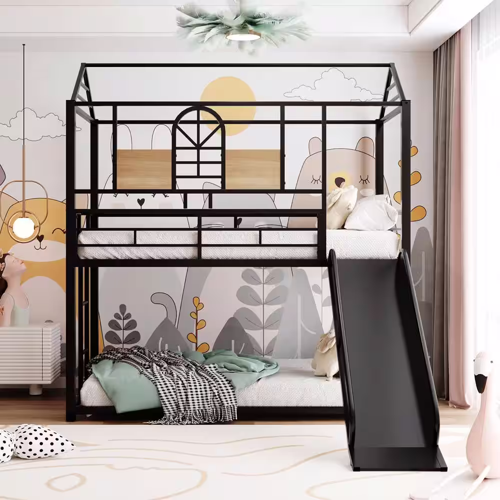None Twin Metal Bunk Bed, Metal House bed with Slide Black with Black Slide