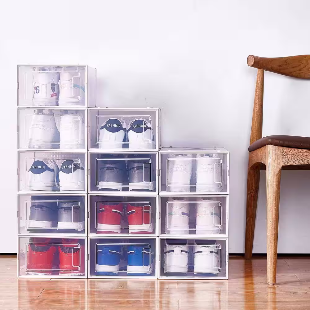 None 8-Pair White Foldable Stackable Storage Plastic Shoe Boxes