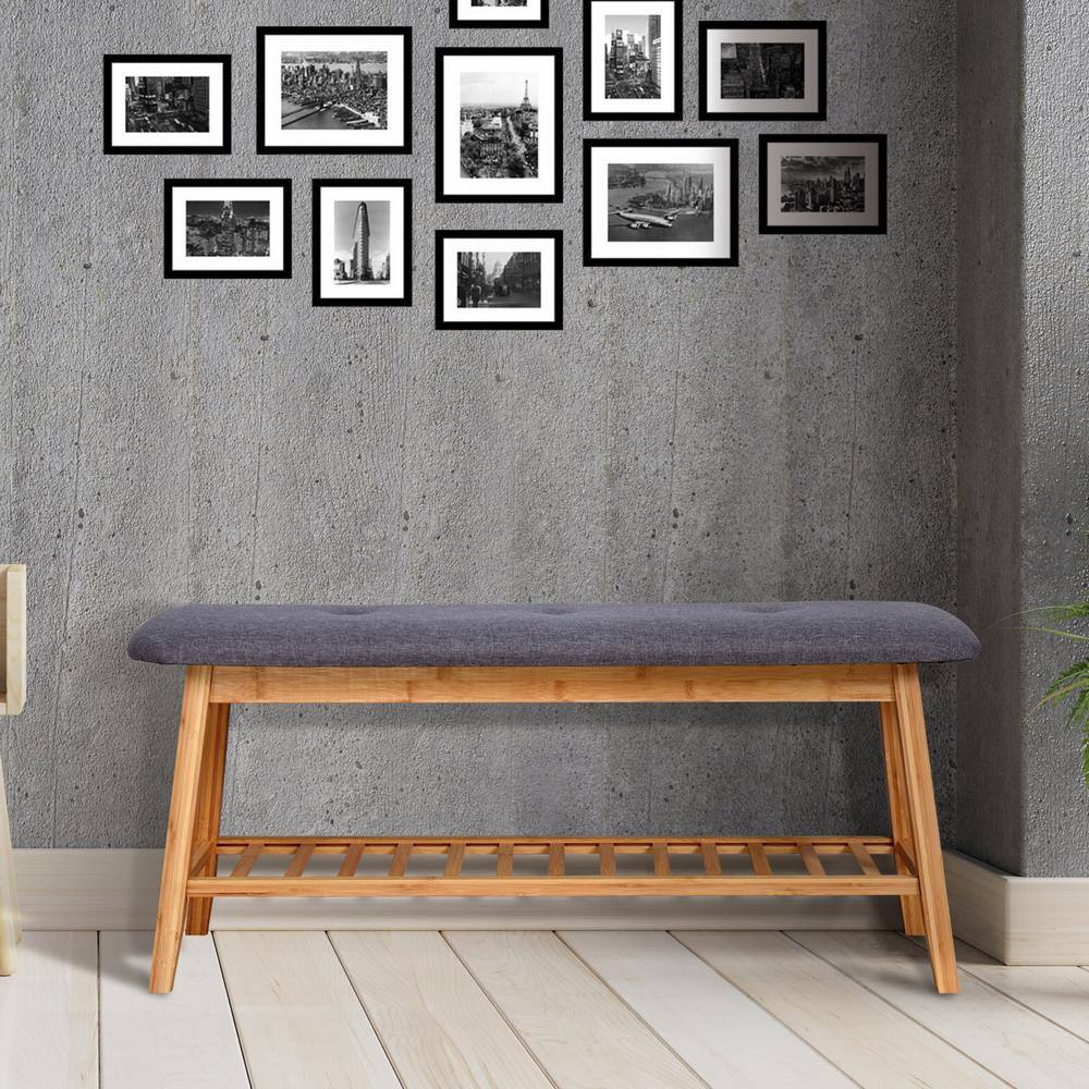 None 17.3 in. H x 39.3 in. W Natural Bamboo Entryway Shoe Storage Bench with Cushion and Shelf