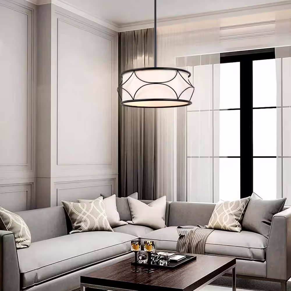 Uolfin Modern Drum Island Chandelier Light Ray 3-Light Matte Black Cage Chandelier Pendant Light with Fabric Shade