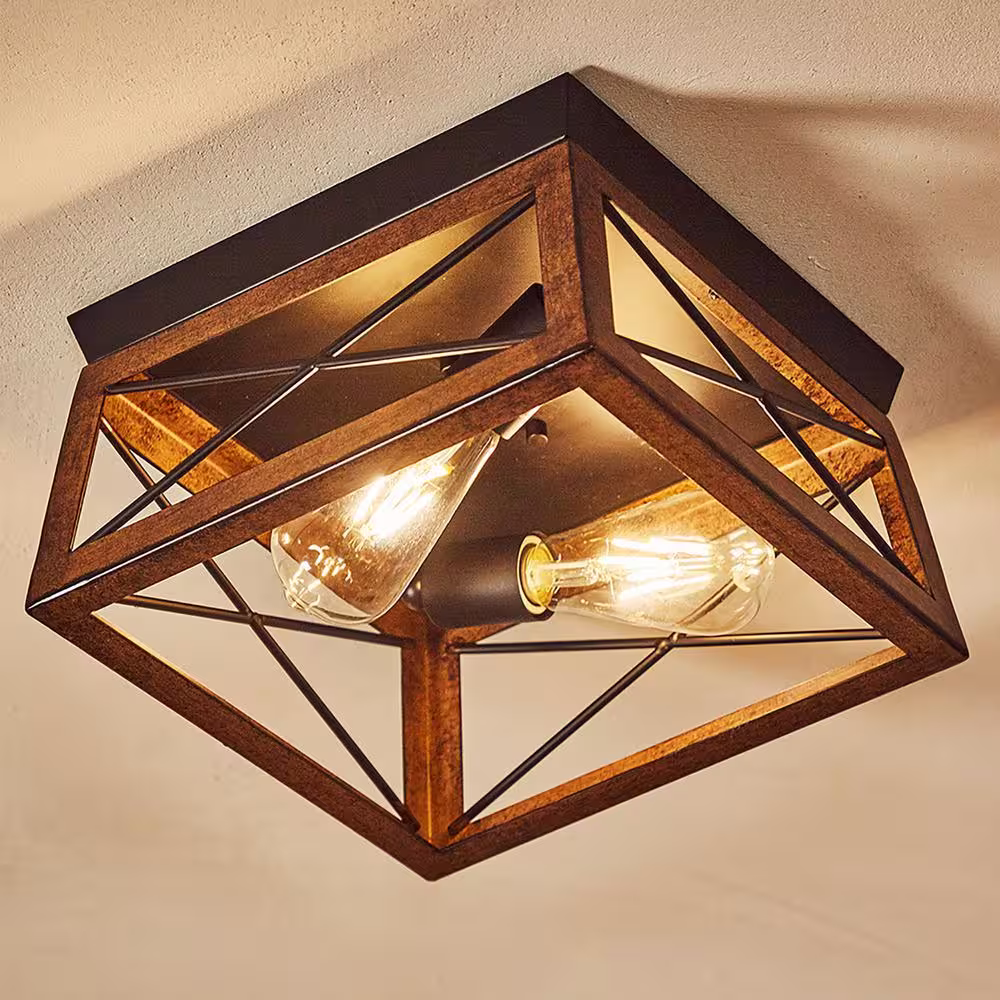 Pia Ricco 2-Light Farmhouse Barnwood and Matte Black Flush Mount Ceiling Light