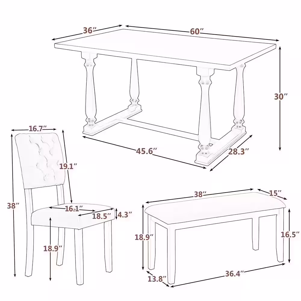Harper & Bright Designs 6-Piece Espresso Wood Top Dining Table and Chair Set with Special-Shaped Legs and Foam-Covered Seat Backs Cushions