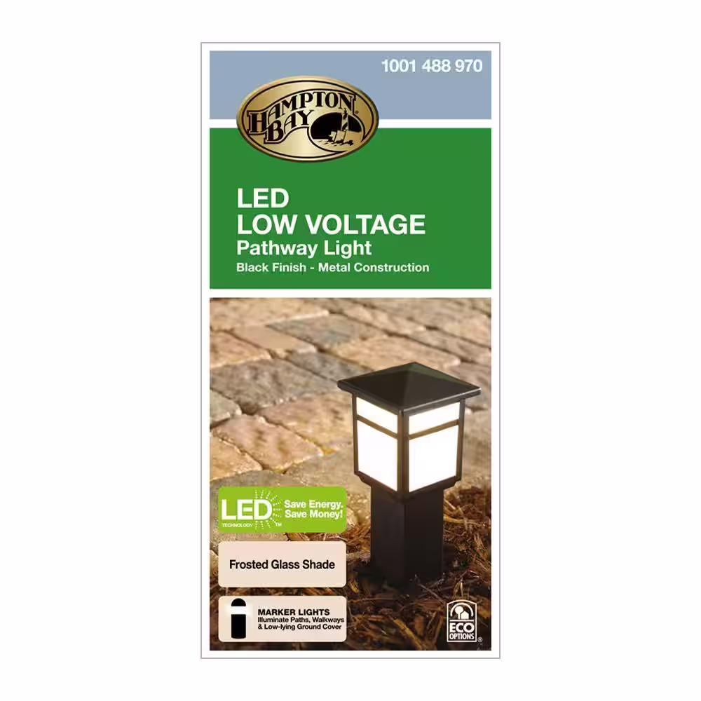 Hampton Bay 10-Watt Equivalent Low Voltage Black Integrated LED Square Outdoor Landscape Path Bollard Light with Frosted Glass