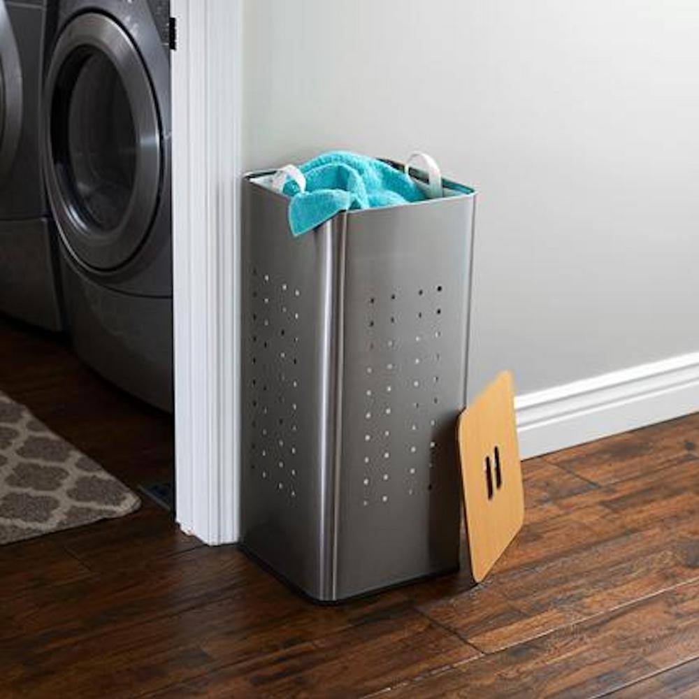 HOUSEHOLD ESSENTIALS Silver Stainless Steel Laundry Hamper with Wooden Lid and Removable Liner