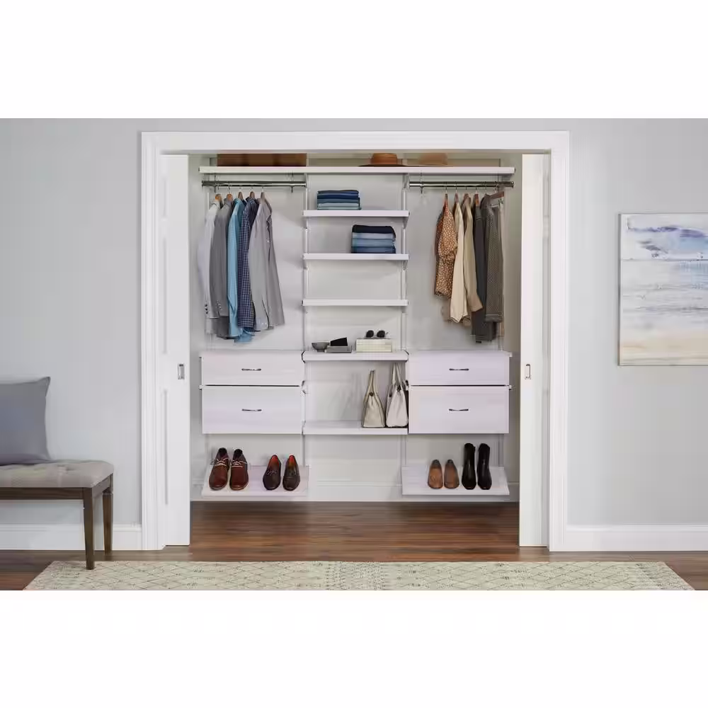 Everbilt Genevieve 6 ft. White Adjustable Closet Organizer Double Long Hanging Rod with 2 Shoe Racks, 6 Shelves, and 4 Drawers