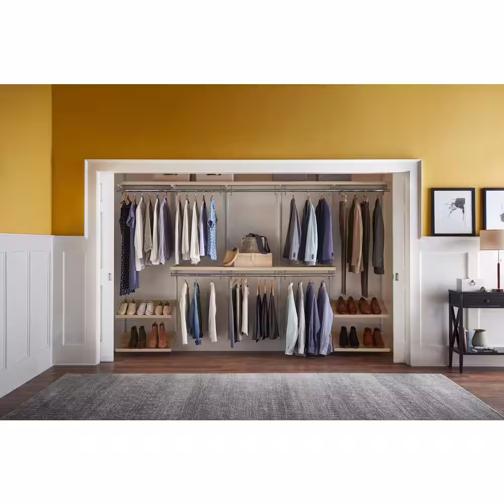 Everbilt Genevieve 10 ft. Birch Adjustable Closet Organizer Double and Long Hanging Rods with Double Shoe Racks