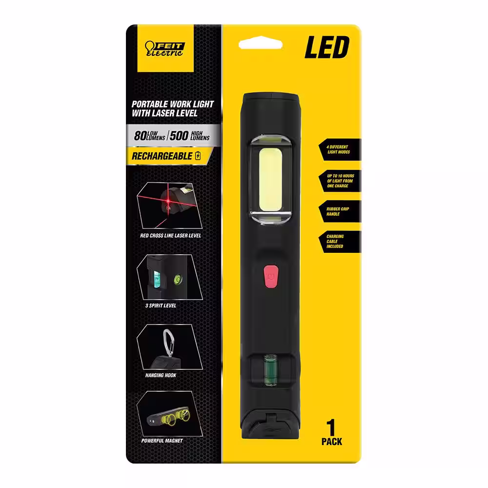Feit Electric 500 Lumens Ultra Bright COB Handheld Rechargeable With Red Cross-Line Laser And Magnetic Base LED Work Light (12-Pack)