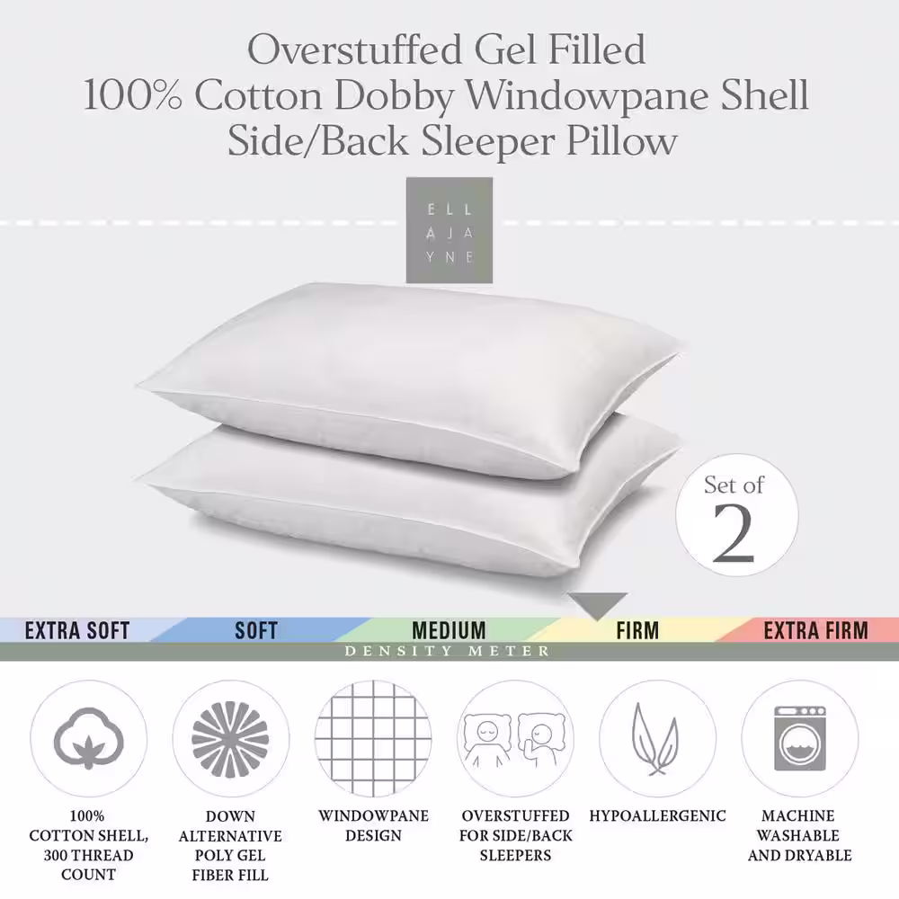 ELLA JAYNE Hotel Collection Firm 100% Cotton Queen Size Pillow Set of 2