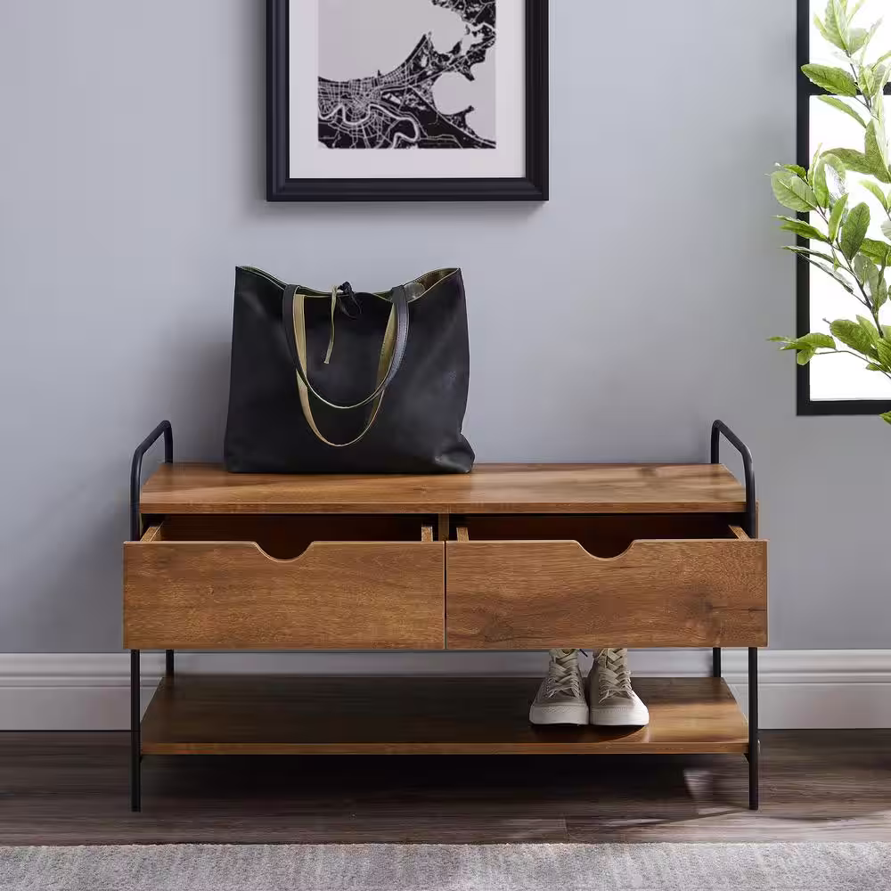 Welwick Designs Natural Walnut Industrial Metal and Wood 2-Drawer Storage Bench with Lower Shelf (20 in. H x 36 in. W x 16 in. D)