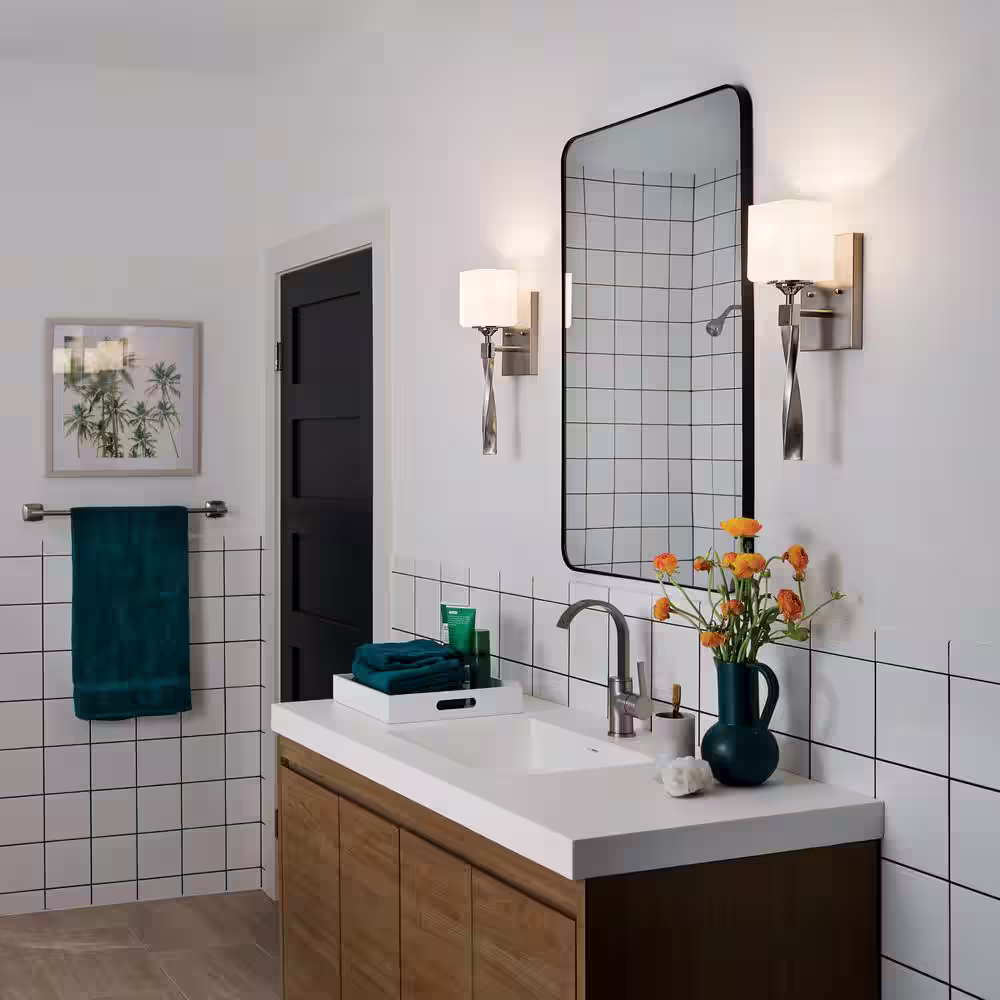 KICHLER Marette 1-Light Brushed Nickel Bathroom Indoor Wall Sconce Light with Satin Etched Cased Opal Glass Shade